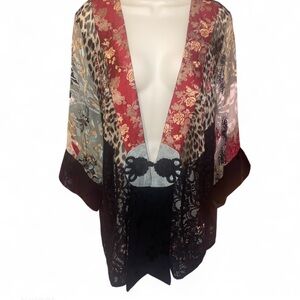 Vintage Spencer Alexis black multifabric patchwork frog closure 1X Kimono